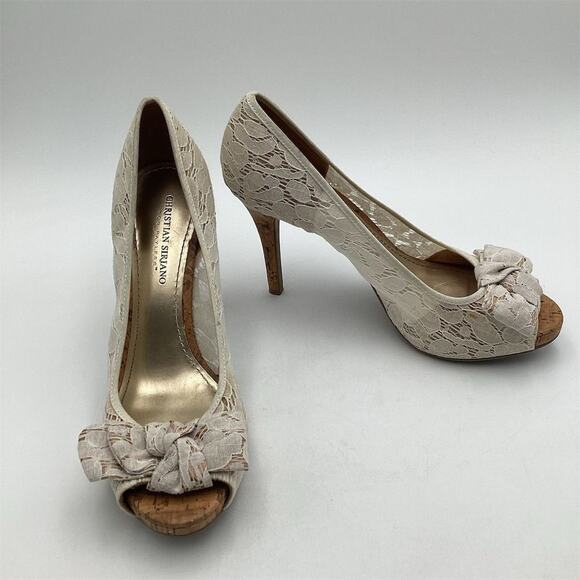 Christian Siriano White Lace Peep Toe Heels Size 10 Formal Bow Detail - Picture 2 of 10